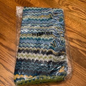 MISSONI. Multi-Color Fringed Knit Wool Scarf in Chevron blue Pattern